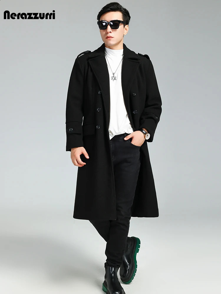Nerazzurri Autumn Winter Long Elegant y Chic Navy Blue Warm Woolen Coat for Men Double Breasted Wool blends Overcoat 251023