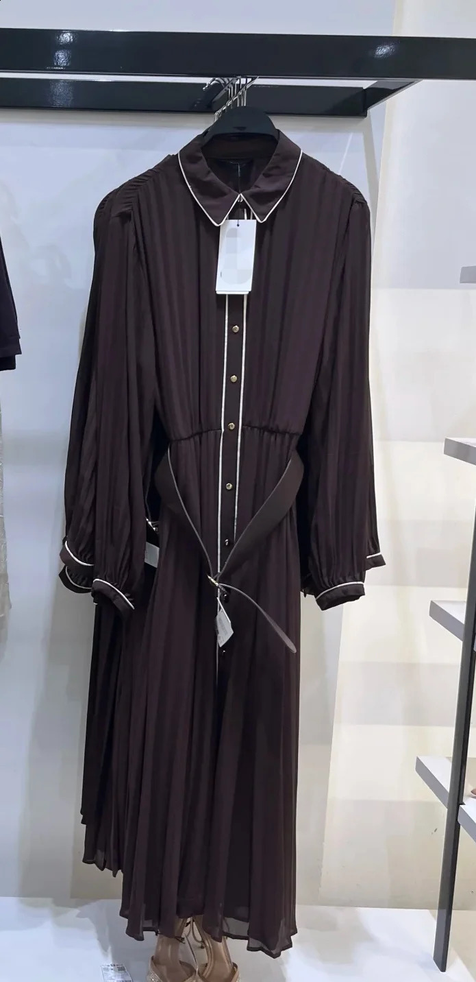 Womens Dresses Fall Russet Long Sleeves with Belt Pleated Embellished Midi Dress Maxi Casual Fashion Personality 251022