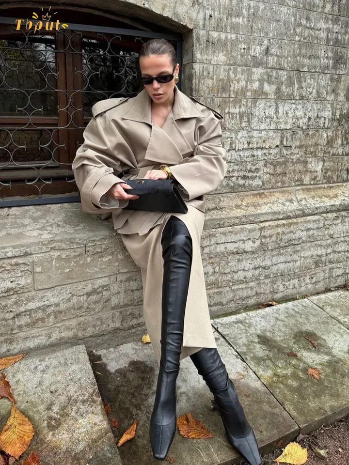 Elegant Solid Lace Up Overcoat Women Chic Full Sleeve Lapel Collar Button Loose Coat Autumn Female Street Oversize Outerwear 251013