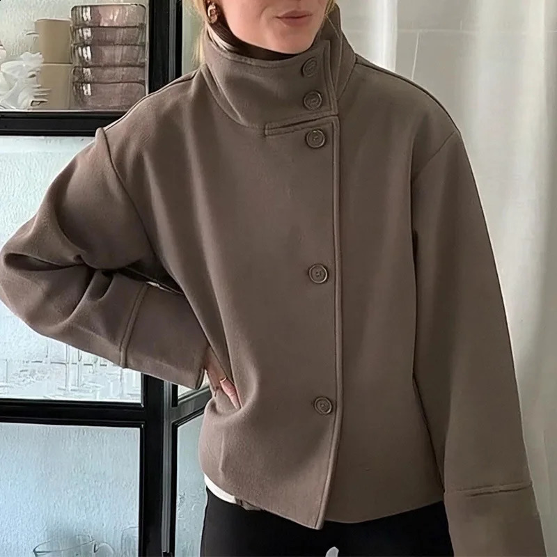 2025 Fall and Winter Womens Jacket Elegant Stand Collar Single Breasted Buttoned Loose Coat Woolen Solid Women Outwears 251018