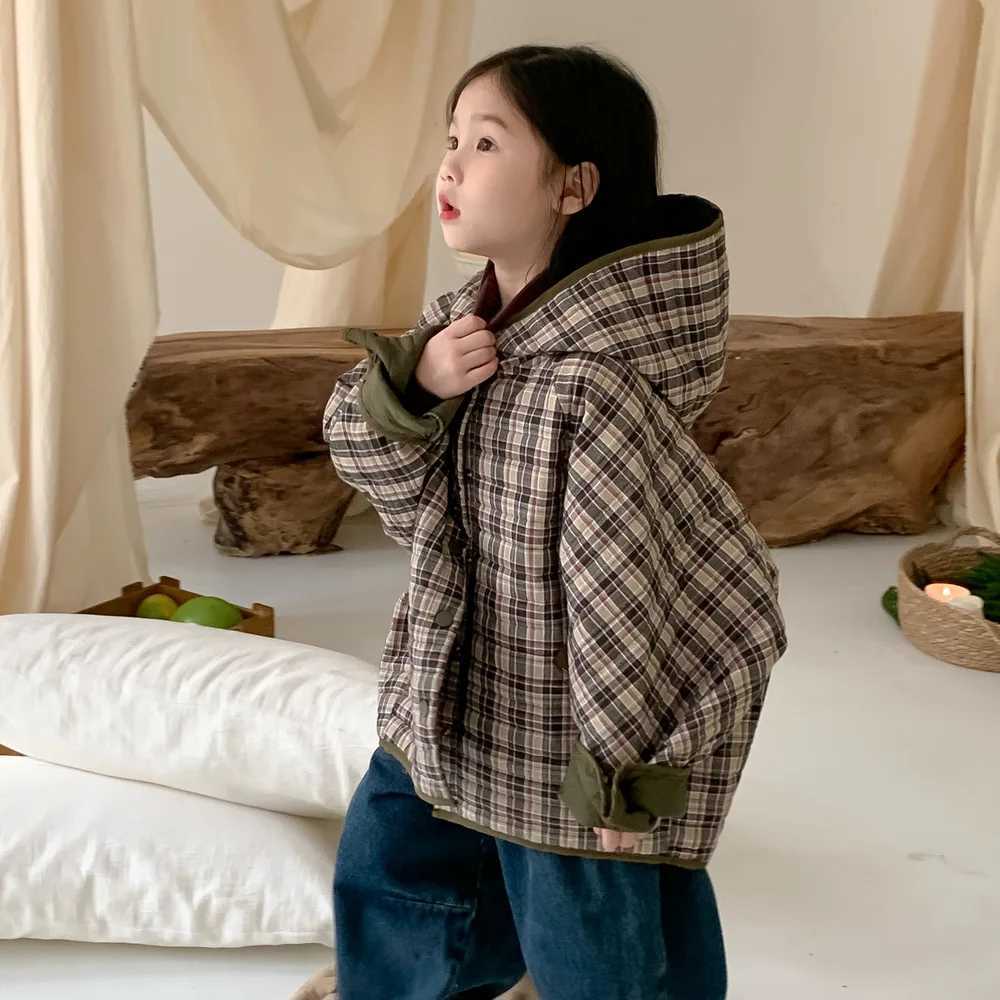 Childrens jacket 2025 winter baby girl Korean version plaid hooded padded cottonpadded clothes Childrens casual versatile thi Y251023