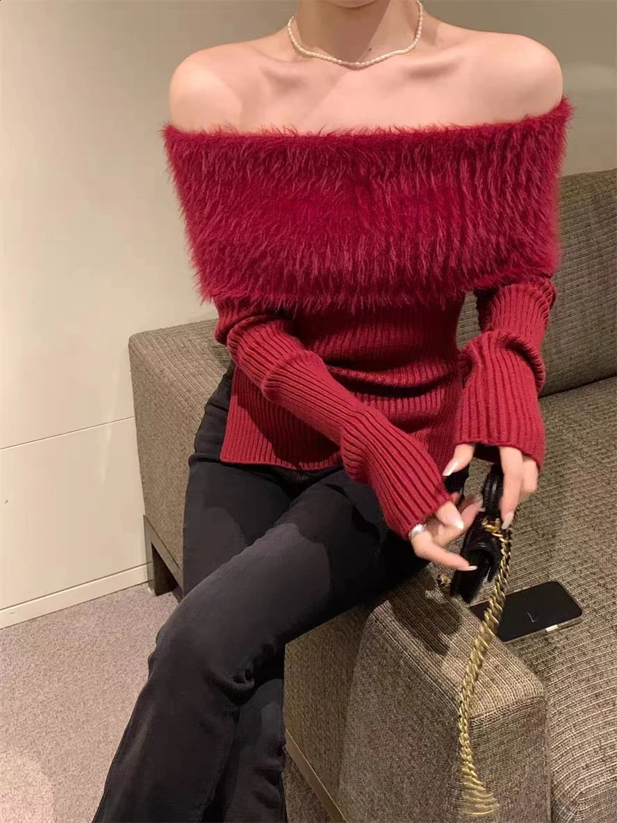 Offshoulder Tops Cherry Red Fuzzy Knit Side Slits Long Sleeve Off The Shoulder Sweater Autumn Winter Christmas Festival Outfit 251023