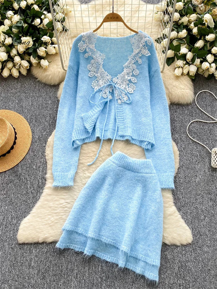 SINGREINY Autumn Cashmere Two Piece Suits Lace Splice V Neck CardiganMini Bodycon Skirt Women Fashion Thick Wool Sweater Sets 251022