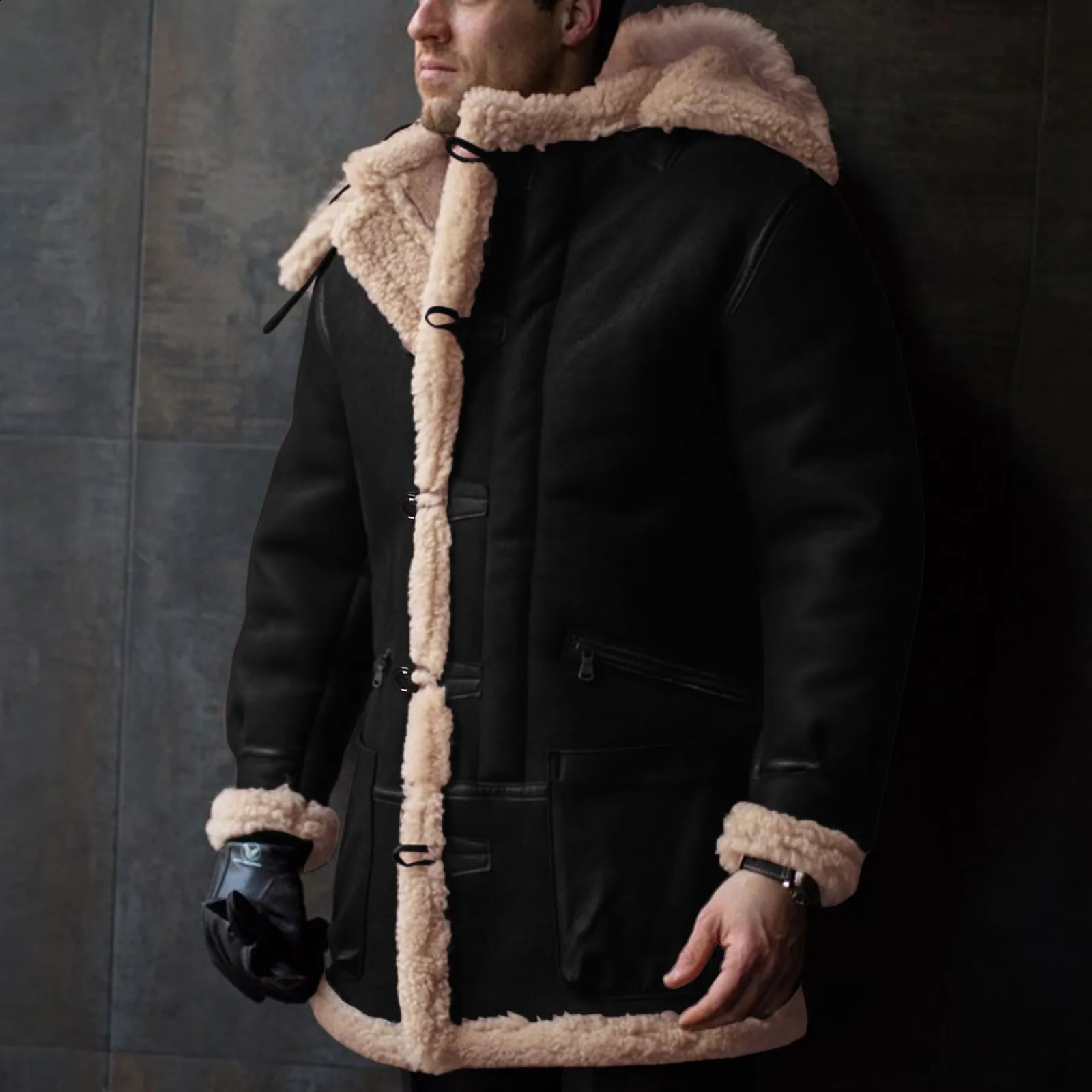 Winter Fleece Jacket Coat Men Hooded Button Lapel Long Sleeve Padded Faxu Leather Vintage Mens Rain 251023