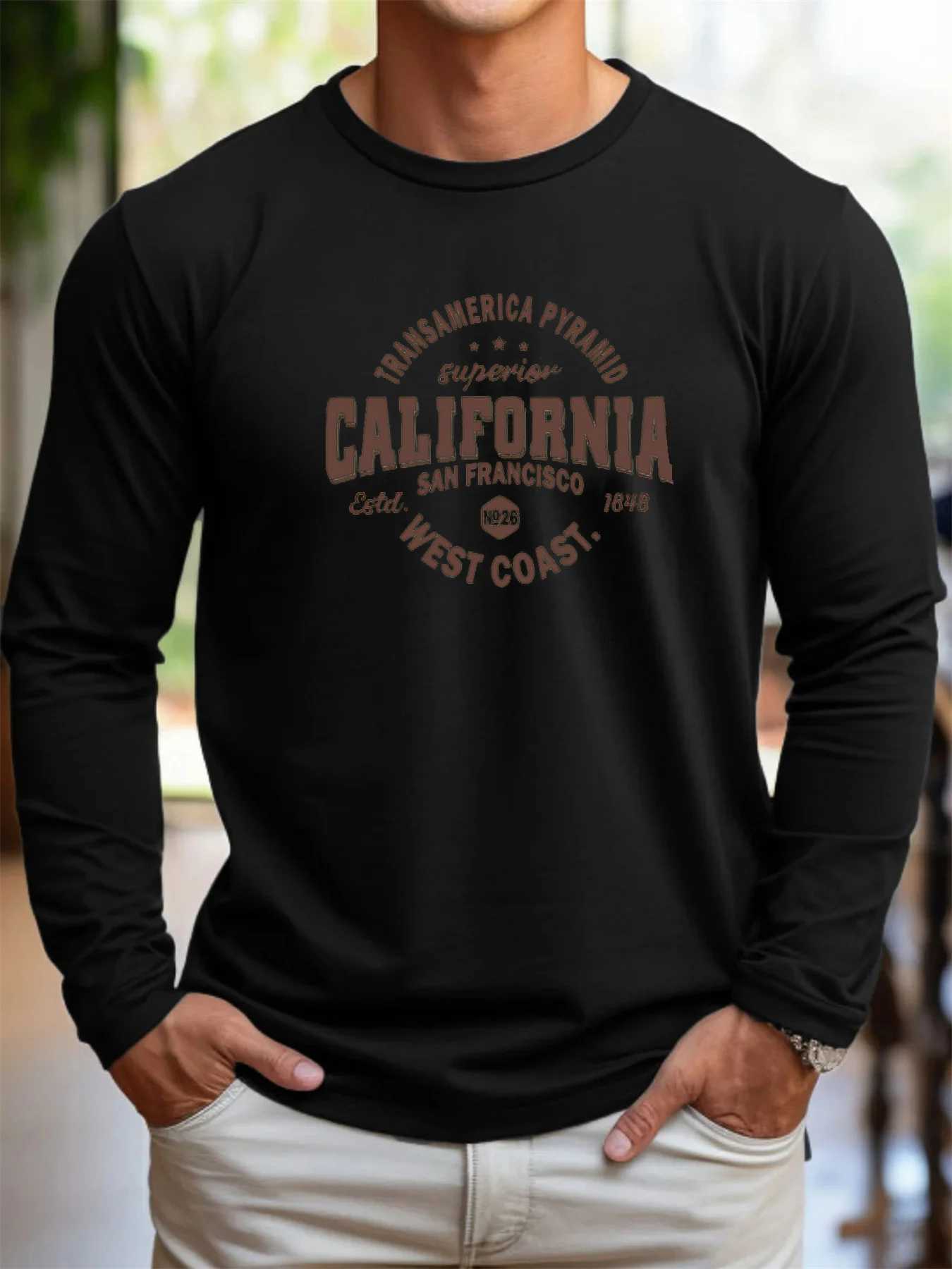 Mens 100 pure cotton loose fit comfortable sports and leisure California West printed round neck long sLeeved TshirtXJ251023