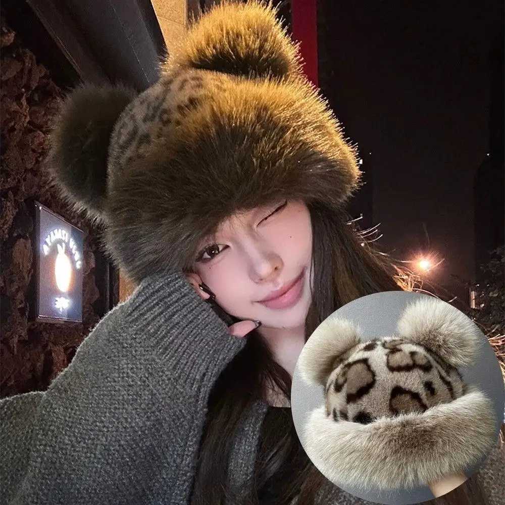 Retro Leopard Print Plush Cat Ears Beanie Women Thicken Warm Fur Hat Windproof Fluffy Fur Bucket Hat Cold Snowy Day Panama CapXJ251023