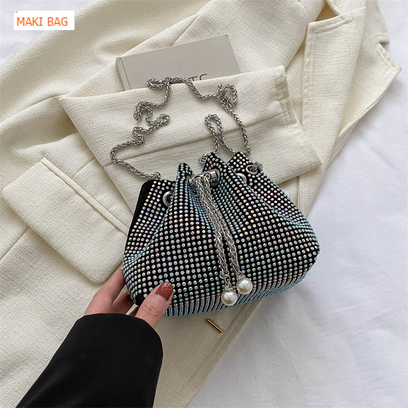 Diamond nail pull rope women's bucket shaped bag, shiny diamond rhinestone full diamond bag, hot selling high-end chain crossbody bag, designer b