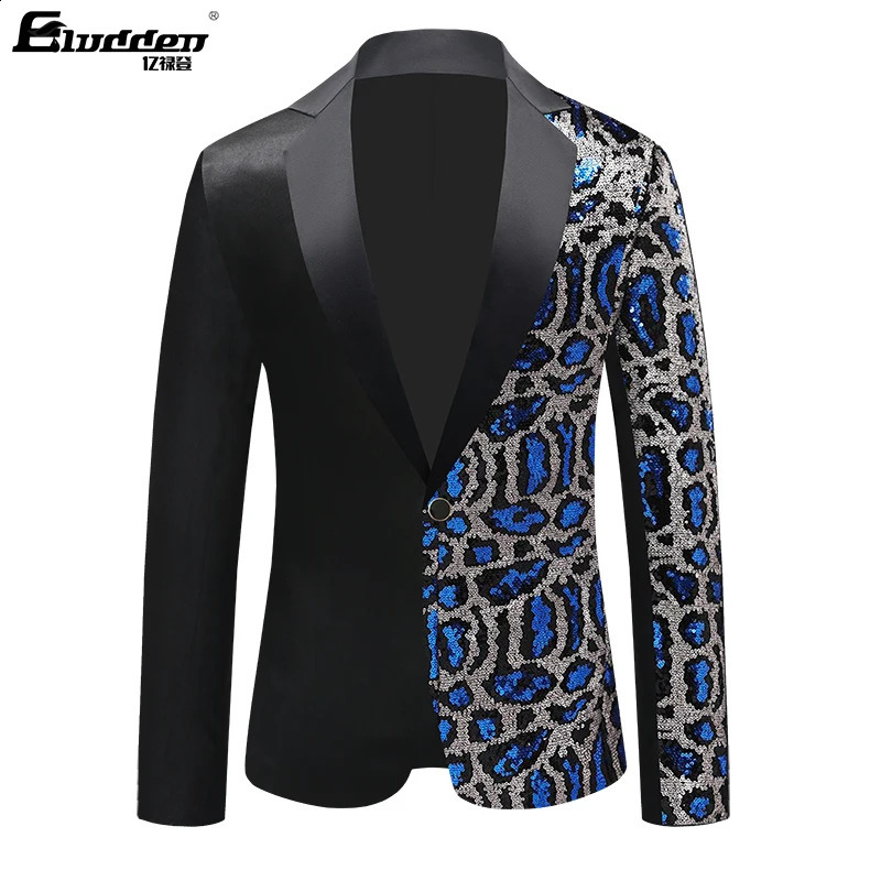 Single Breasted Leopard Sequins Stage Suit Jacket Men Party Hip Hop Fashion Drama costume Blazer Mens Floral 251023