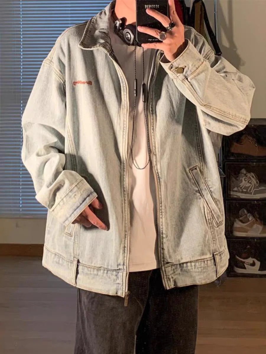 Vintage ZipUp WashedDistressed Denim Jacket Mens Spring Fall Fashion Coat American Cowboy HighStreet Casual Outerwear 251017