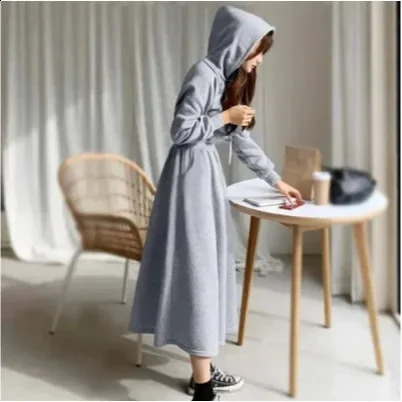 Long Casual Hoodie Dress Womens plus Size High Waist Lengthening Knee Autumn Spring Seasonal Polyester Fiber 251022