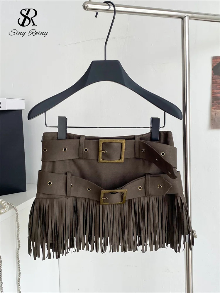 SINGREINY Sexy Girl Tassels Skirt Double Sashes Solid n Fashion Music Festival Outfits Women Slim Bodycon Short 251022