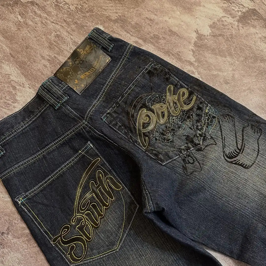 Vintage Versatile Street Baggy Wideleg Straight Jeans Pocket Pattern n Washed Hip Hop Element Low Waisted 251018