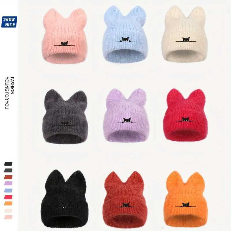 New Cat Ear Embroidered Wool Knit Beanie Hat Cute Winter Warm Cap for Autumn Cold Weather Unisex DesignXJ251023