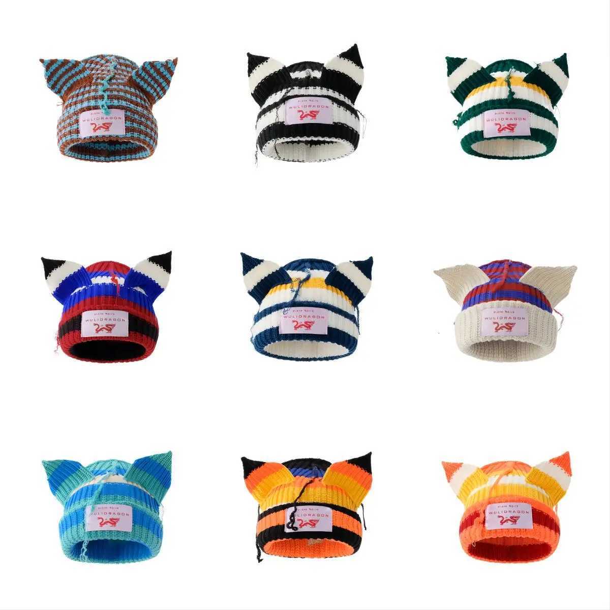 Stripe Hat Niche Design Personalized Cat Pig Ears Knitted Wool Hat Cute Warm Winter Hats for Men Women Beanies SkulliesXJ251023