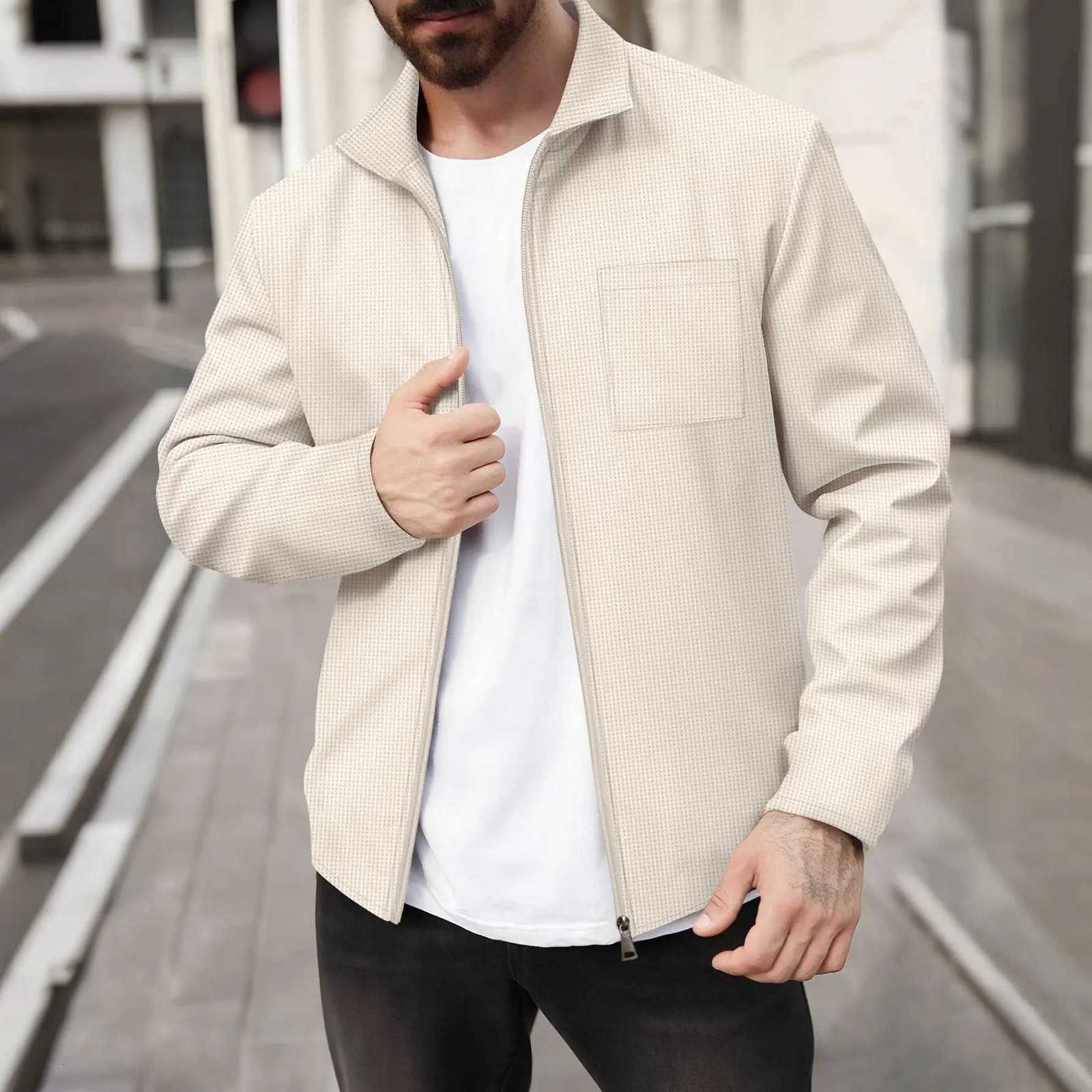 Mens FourSeason Casual Business Waffle Check Coat Lapel Zipper Chest Pocket Fashionable Top W251023