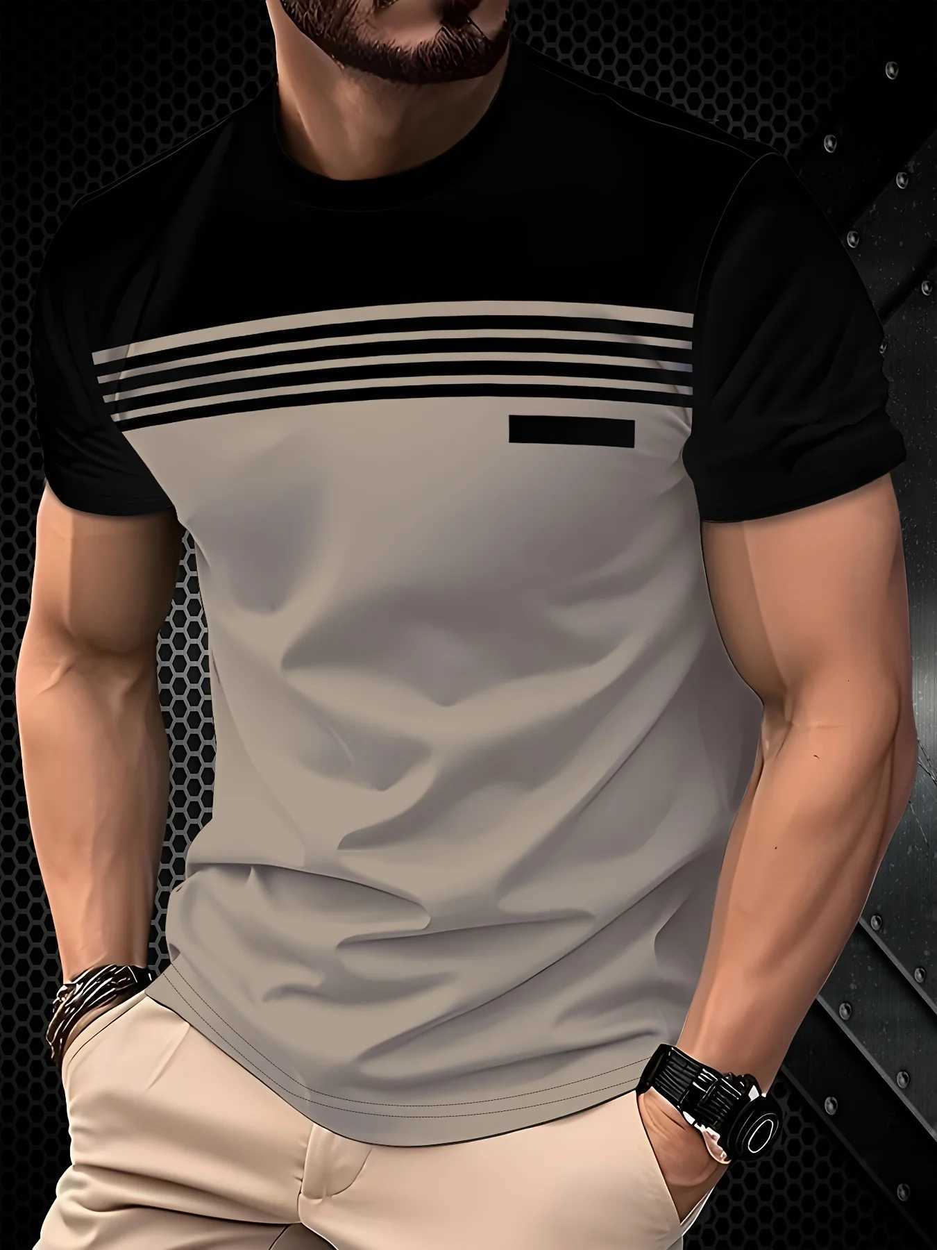Fashionable mens summer new striped print comfortable breathable round neck Tshirt outdoor casual topXJ251023