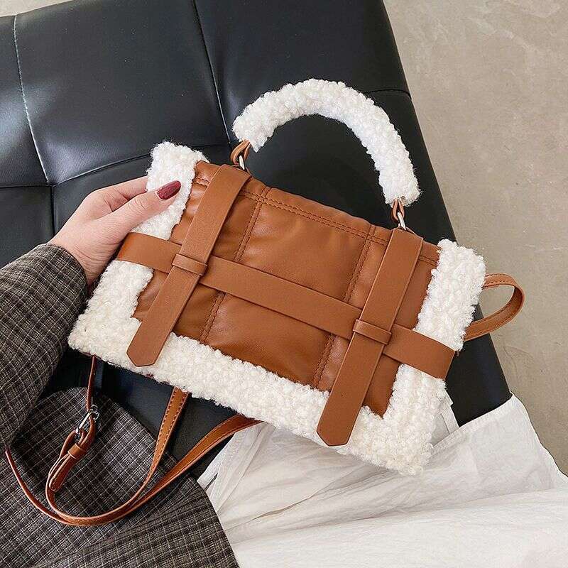 toteBag Shoulder bag ROSE NOIRE Lamb Wool Patchwork For Women Autumn Winter New Women S Ins Style Single Shoulder Small Square Bag Plush Handbag Cross