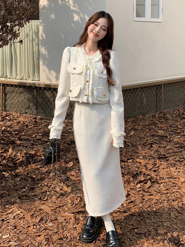 Spring Casual Tow Piece Sets Women White Short Tweed Jacket Fashion Korean Long Skirt Female Elegant Chic Slim Sweet Suit 251022
