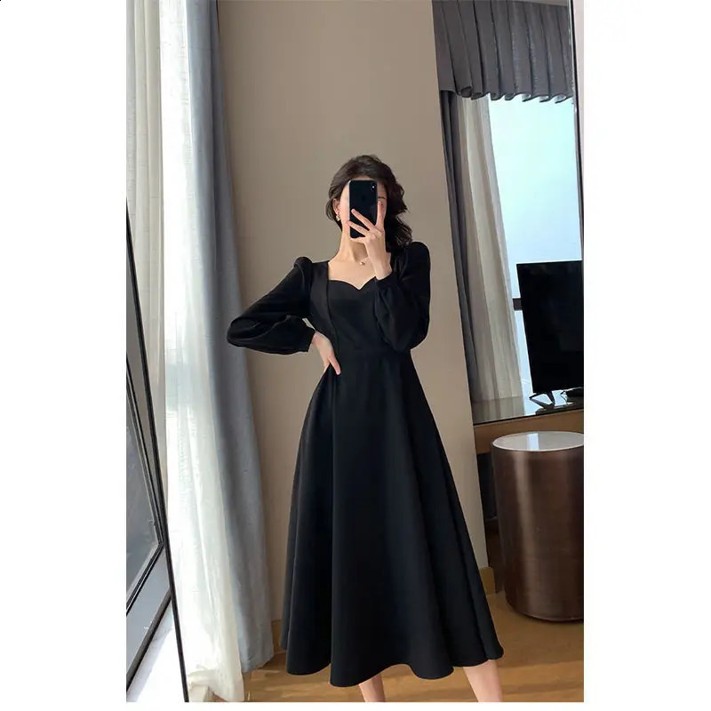 Vintage Collar Long Black Dress KneeLength Womens Elegant Gown Polyester Fabric Sleeve VNeck Midi 251022
