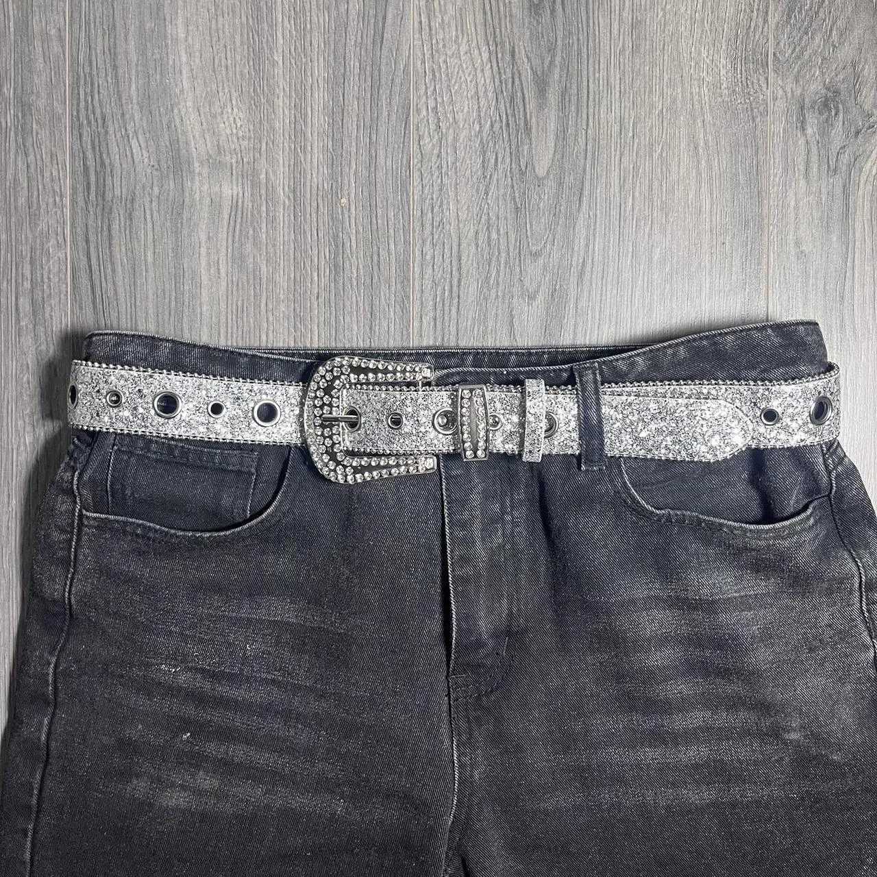 Unisex Silver bling Silver belt Rhinestones Studded Metal Pin Buckle PU Leather Belt Jeans Waistband for Men and WomenXJ251023