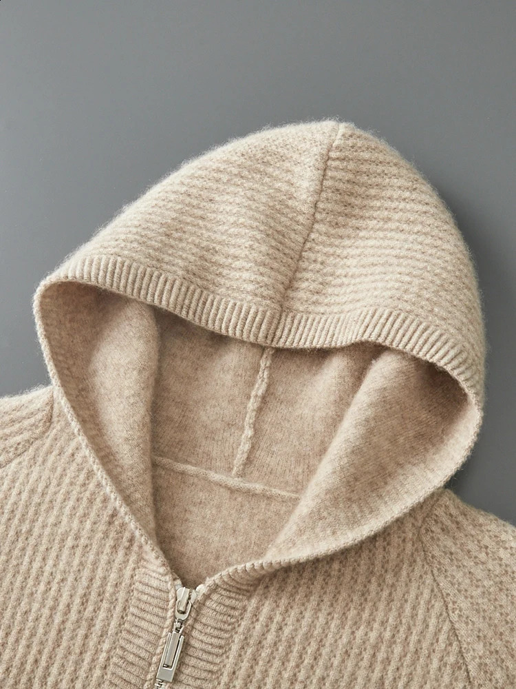 Men Hooded Zippers Cardigan Sweater 100 Merino Wool Knitwear Jacquard Raglan Sleeve Thicken Casual Cashmere Autumn Winter Coat 251023