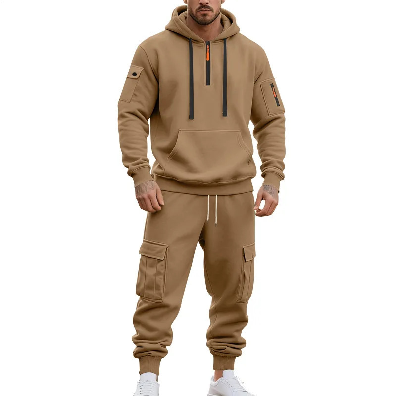 Autumn and Winter Heavy Mens Suit Loose Cargo Outdoors Commute Casual Fleece Thermal Hoodie Overalls Sweatpants 251023