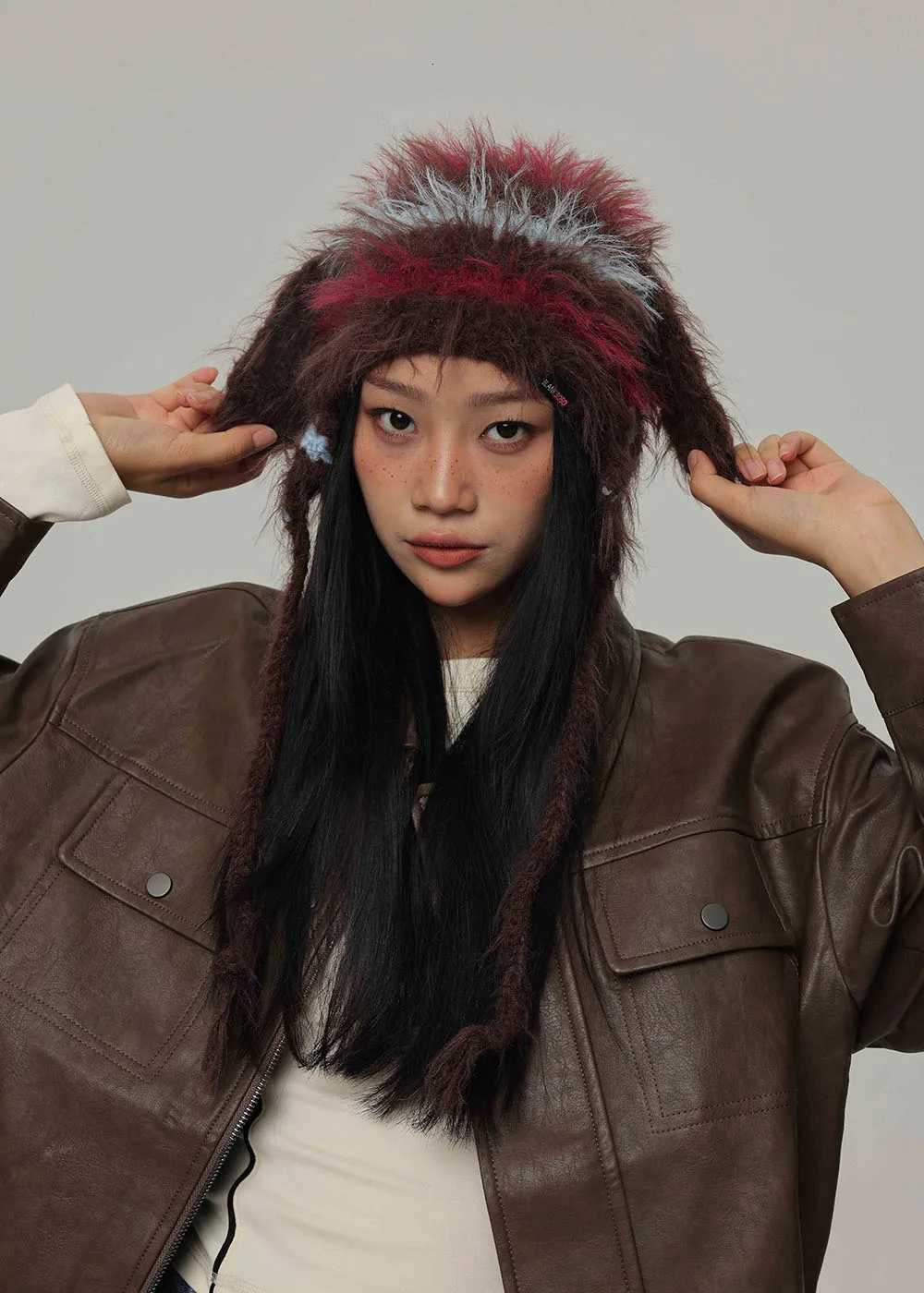 stripecony hair Hand hook hat FUR Wens Winter Thicke Warm Knitted Wool Cold Large Surround Hat with earflapsW251023