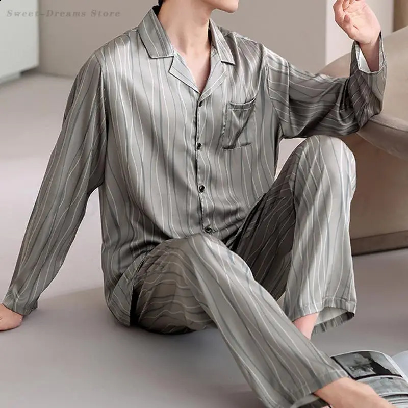 Mens Plus Size Pajamas Set Loungewear Spring Autumn Ice Silk Long Sleeved Trouser Pijama Mujer Male Casual Sleepwear Home Wear 251021