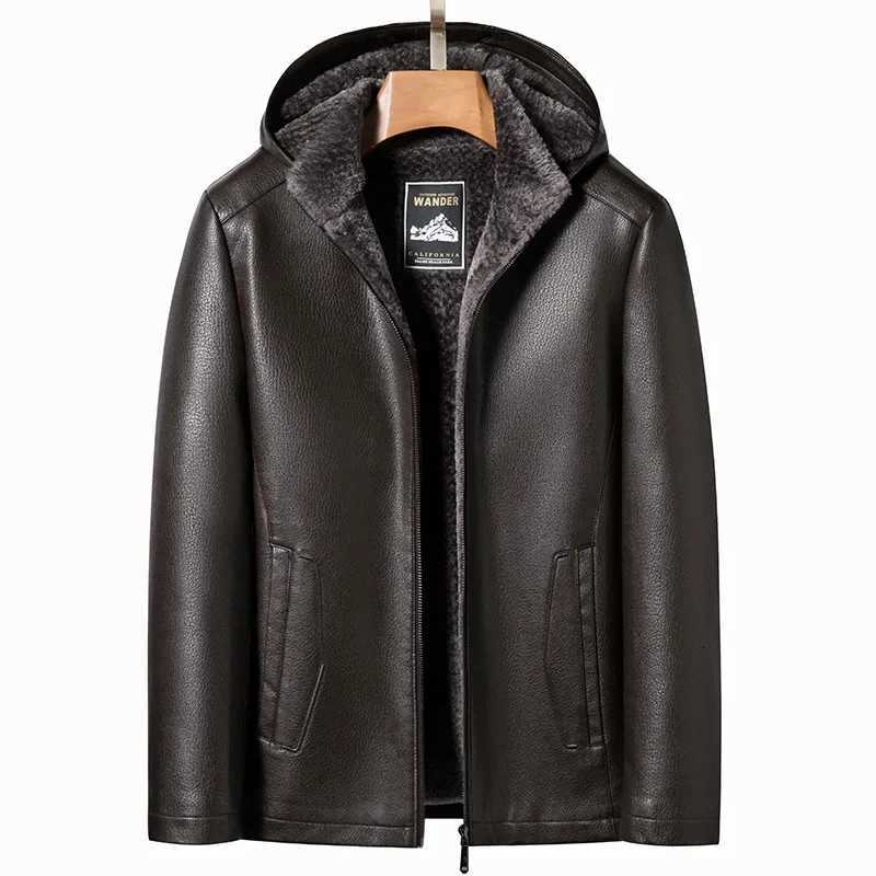 High Quality Middleaged Men Winter Leather Coat Thick Leather Detachable Hooded Jacket Warm Fleece Biker Jacket Men PU022 W251023