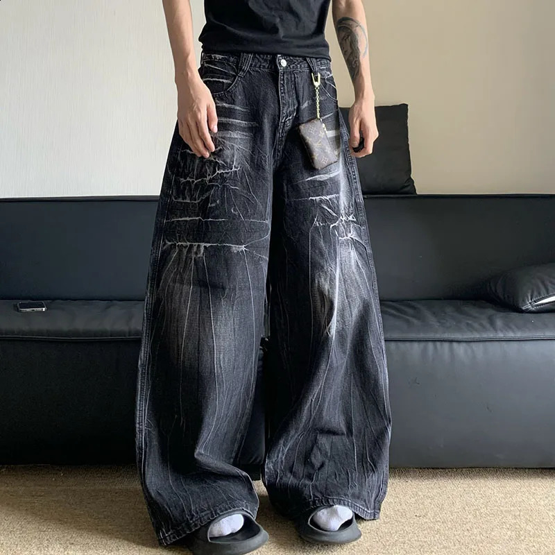 Autumn Winter Korean Vintage Jeans Lightning Pattern n MenS Loose Straight Leg Pants Casual Fashion Black 251018