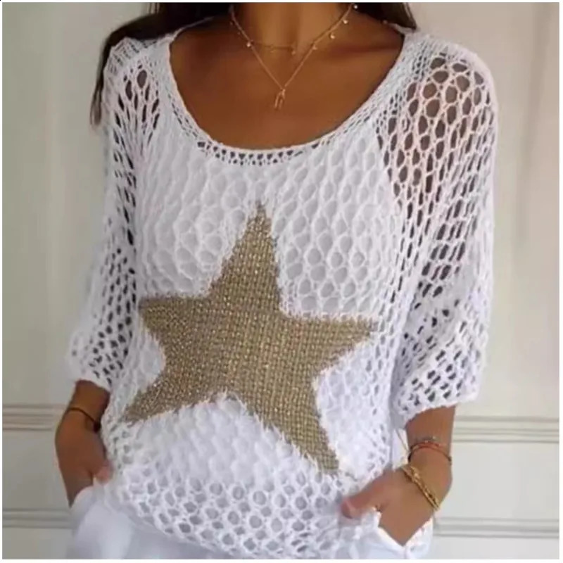 Fashion Women Star Pattern Mesh Hollow Out Fishnet Knit Beach CoverUp Pullovers FiveStar Round Neck Hollow Crochet Top 251023
