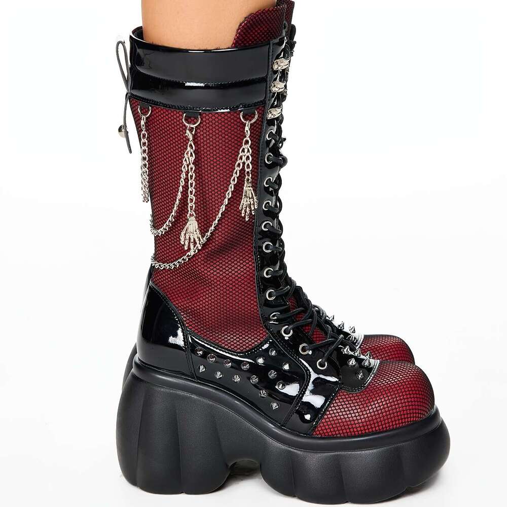 2025Fashion Studded Motorcycle Chunky Black Combat Ankle Booties With Chain Detail, Round Toe, High Heel, Faux Cover