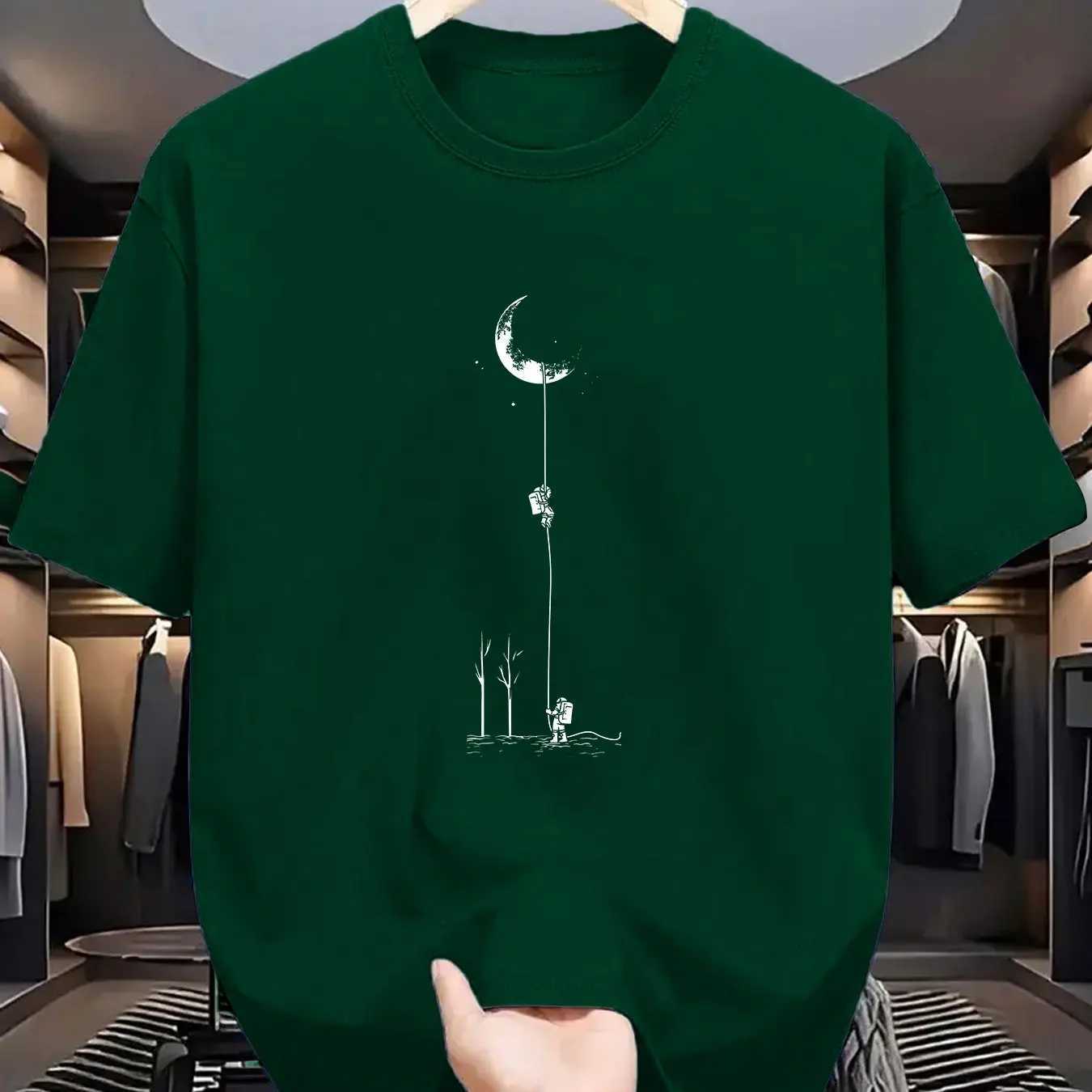 Summer mens 100 pure cotton casual loose fit plus size moon landing pattern printed round neck short sleeved Tshirt topXJ251023