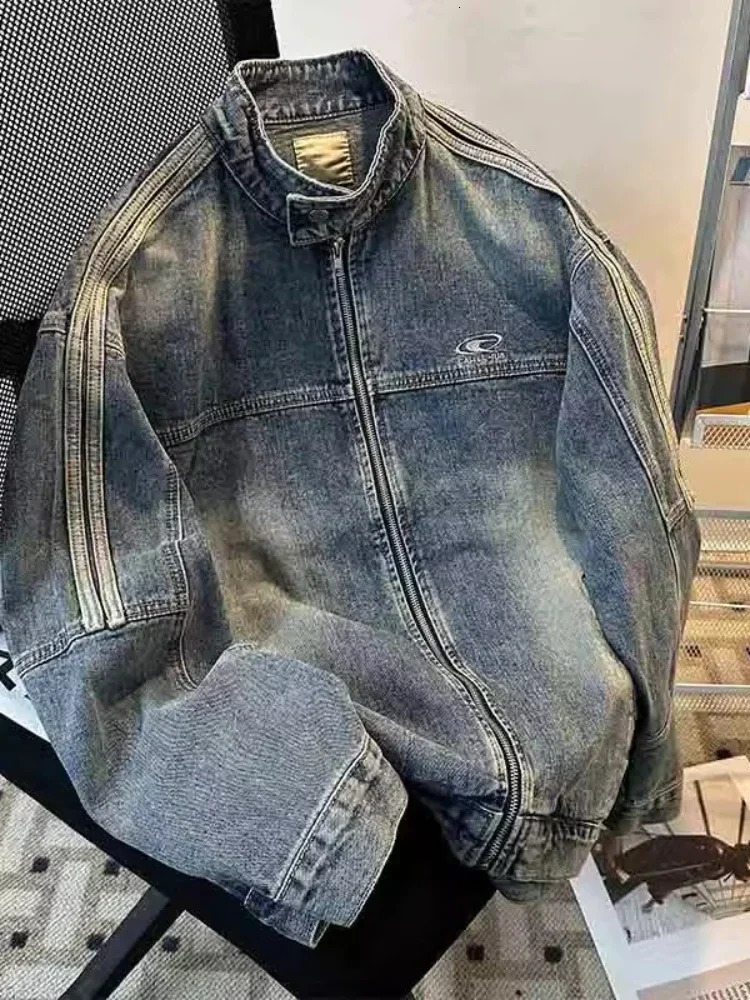 Vintage Distressed Denim Jacket Men Clean Fit Ribbed Stand Collar Long Sleeve Casual Oversized Street Edge Y2k Spring Fall Coat 251017