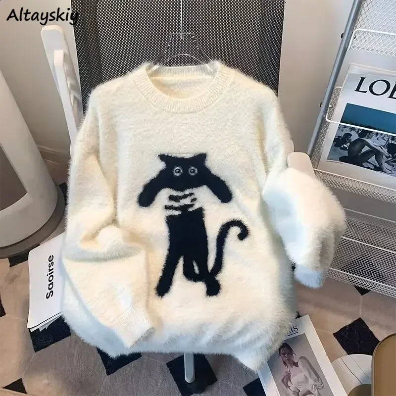 Lazy Style Pullovers Women Loose Fit Chic Cartoon Cats Allmatch Leisure College Knitted Velvet Classic Prevalent Autumn Mujer 251023