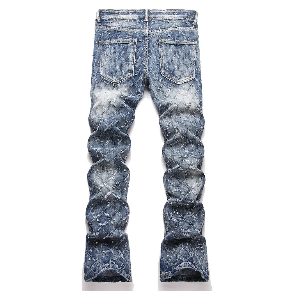 Mens Crystal Boot Cut Denim Jeans Rhinestone Slim Flared Stretch Pants Streetwear Good Quality Blue Cotton Trousers 251021