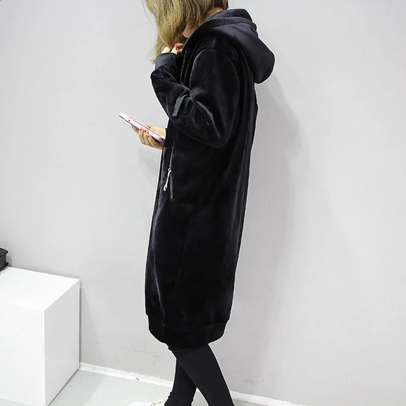 Medium Long Velvet Zipper Hoodie Jacket Loose Versatile Cardigan Sweatshirt Womens Spring Autumn Student Thick Warm Top 251022