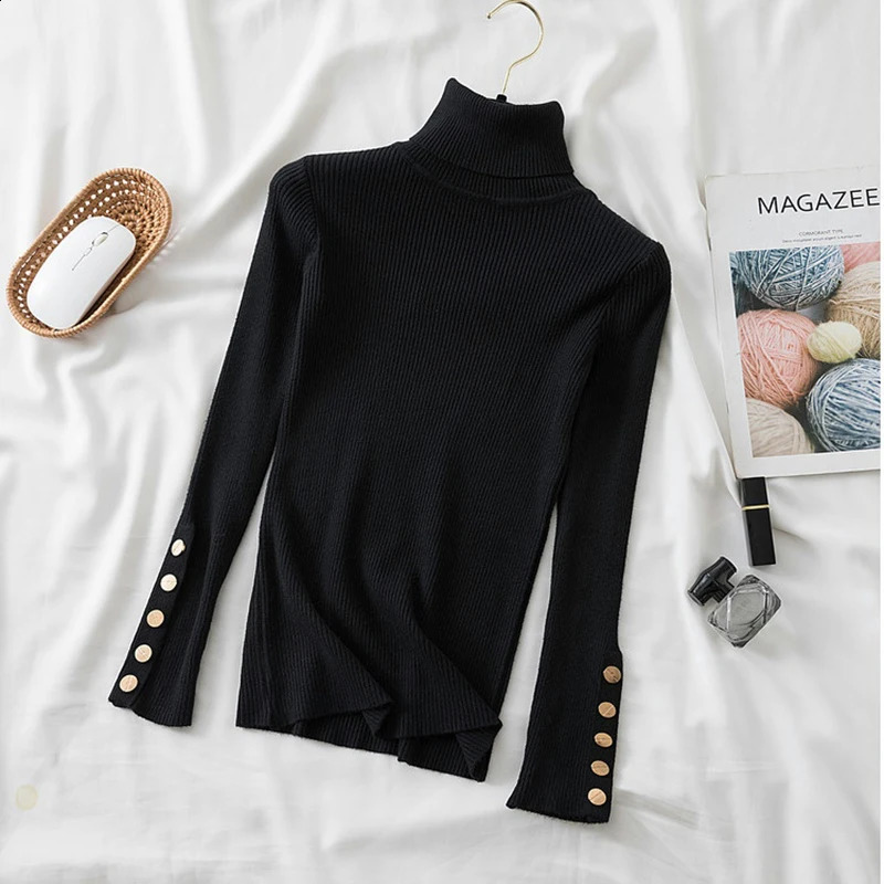 2025 autumn winter women thick sweater pullovers long sleeve button Turtleneck chic Sweater Female Slim knit soft jumper tops 251016
