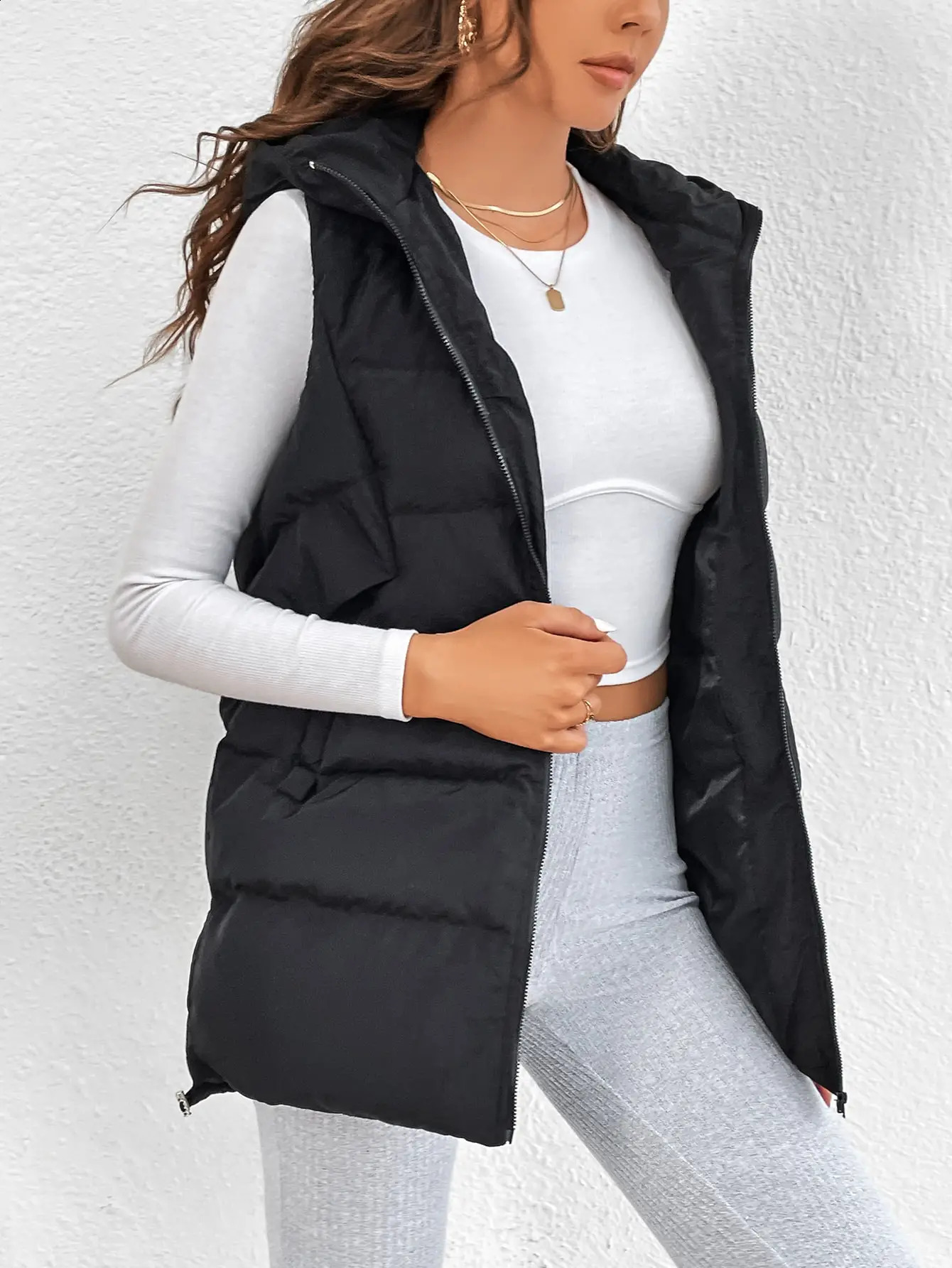 Crossborder Foreign Trade Europe and the United States Solid Color Cotton Jacket Hooded Long Zipper Vest Coat Female 251018