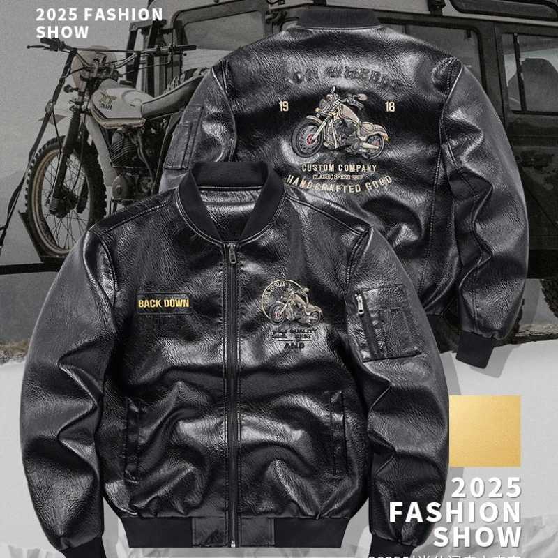 Mens Emboridery Motorcycle Leather Jacket Autumn American Motorbiker Coat Men Baseball Collar Pilot Casual PU Leather Jackets W251023