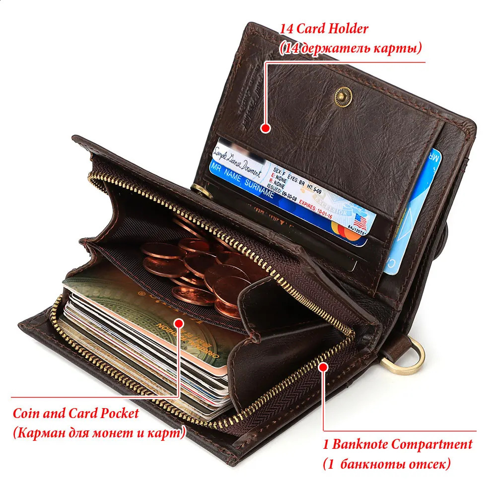 Real Leather Wallet for Men RFID Blocking Credit Card Holder Purse Male Short Bifold Zipper Coin Pocket with AntiTheft Chain251023
