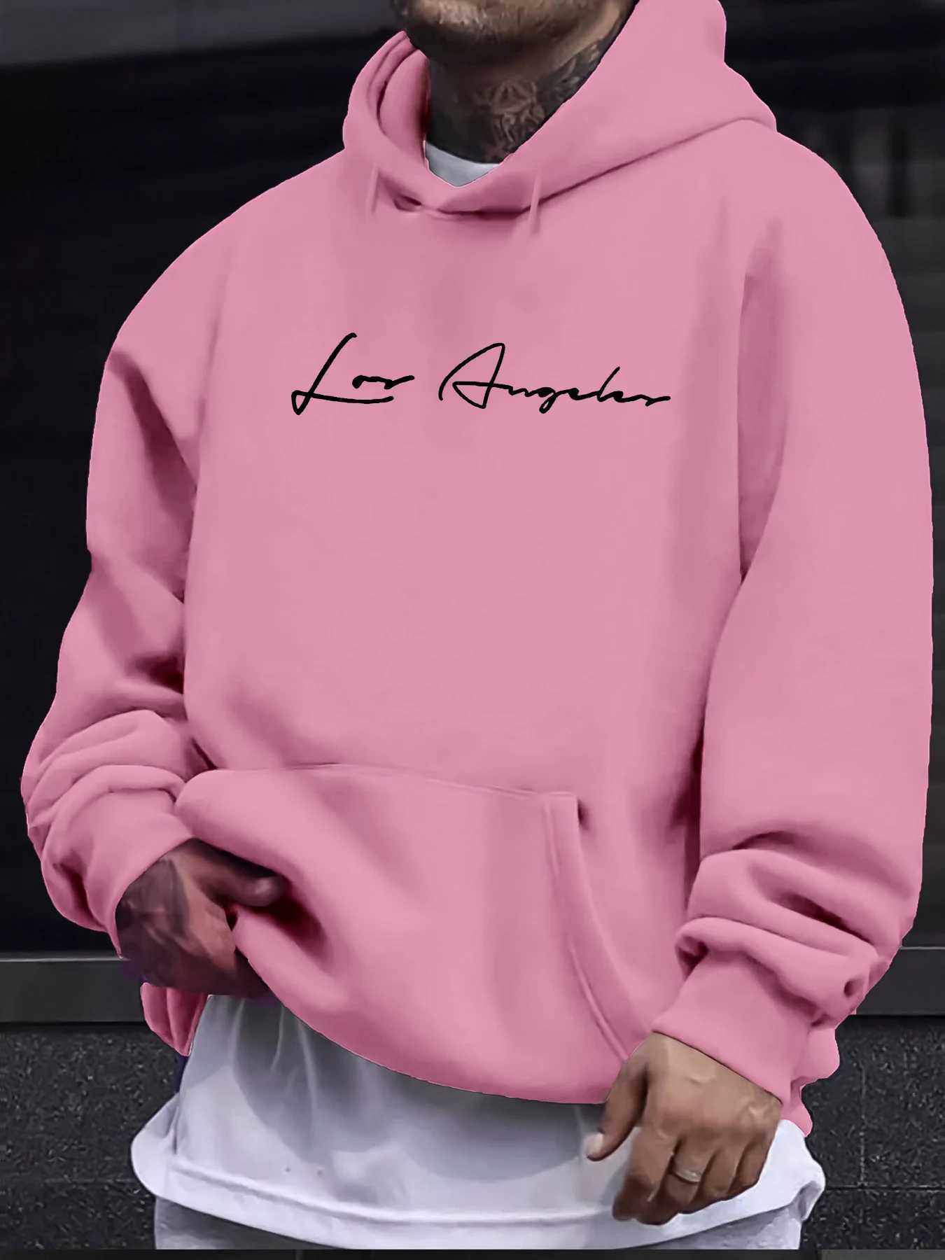 Mens autumn and winter casual fashion loose hooded sweatshirt with Los Angeles letter print long sleeved warm pulloverT251023