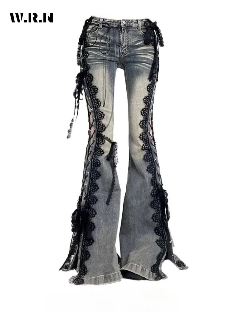 Retro Eyelets Lace Up Flare Jeans Stitch Whiskers Slim Low Rise Split Bootcut Pants Women Bell Bottoms Streetwear 251022