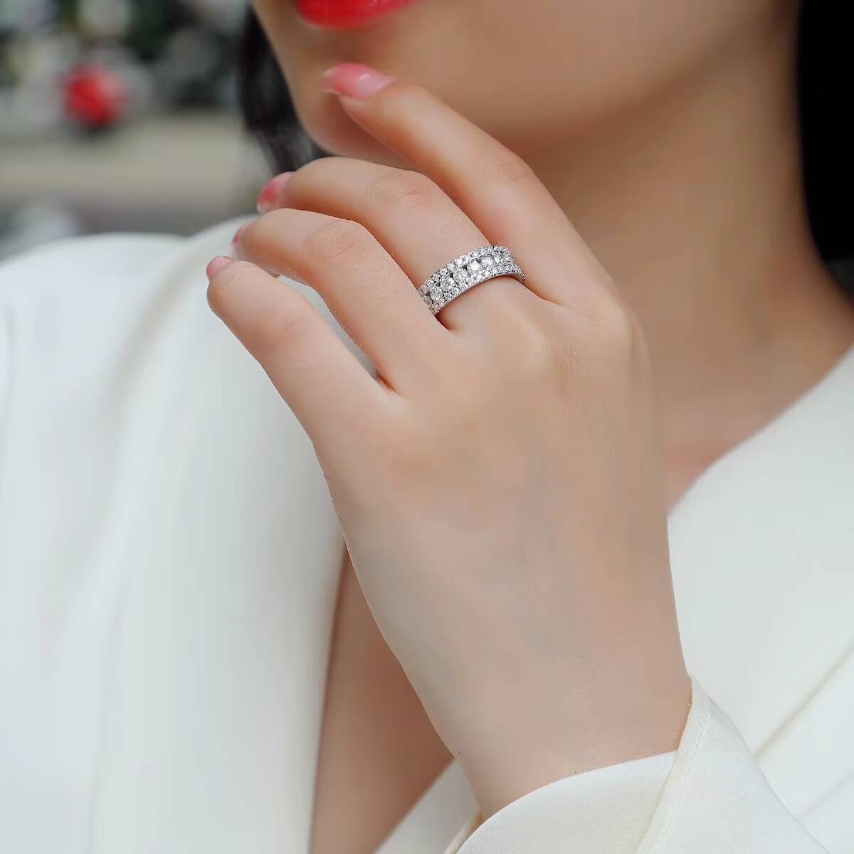 Zanlong 13768 925 Sterling Silver Moissanite Fine Jewelry Ring 3 Rows Eternity Wedding Band for Men Women with GRA Certificate