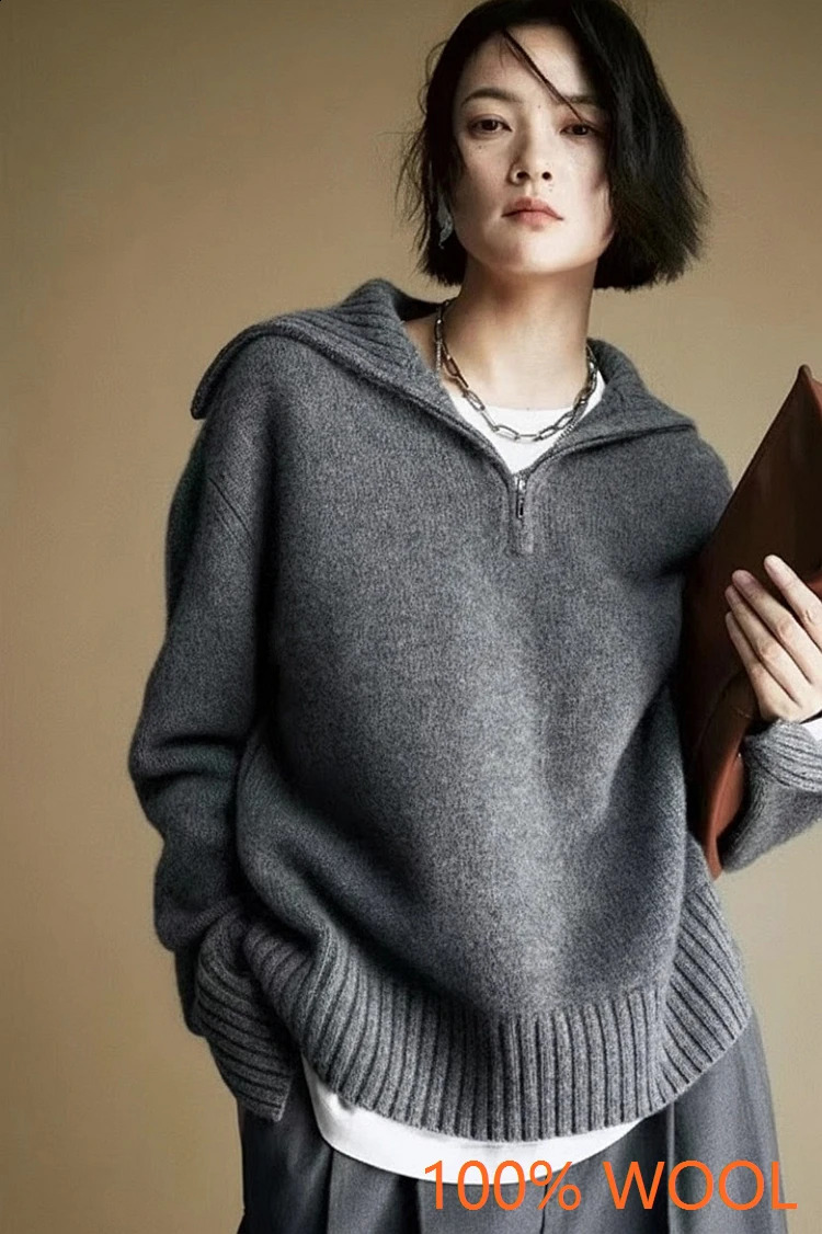 Women 100 Merino wool Sweater Knit Zipper High Neck Lapel Pullover Autumn Winter Fashion Clothe Thick Warm 251022