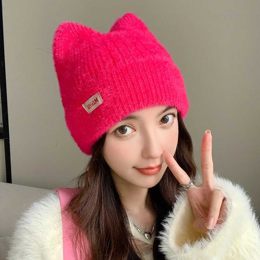 New Women Cute Cat Ear Earflap Winter Hat Fashion Faux Fur Knitted Hat Kpop Style Soft Beanie Hats Candy Female Streetwear CapXJ251023