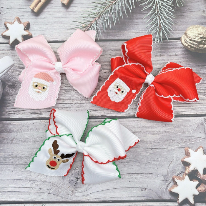 Christmas Hair Clip Cartoon Hair Accessory Elk Embroidery Santa Claus Hair Bow Clip Moonstitch Edge Ribbon Hair Pins for Girls MA126