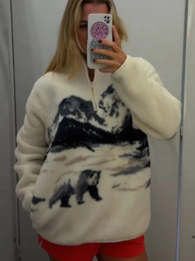 2026 Spring Autumn Hiking Printed Lamb Fleece Sweatshirt For Women High Neck Long Sleeve Zipper Pullovers Lady Outdoor Outerwear 251022