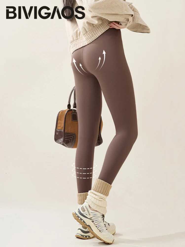 BIVIGAOS New Autumn Winter Rabbit Fleece Sharkskin Leggings Women Casual Basic Thicken Warm Leggings Brown Fleece Lined TightsT251023