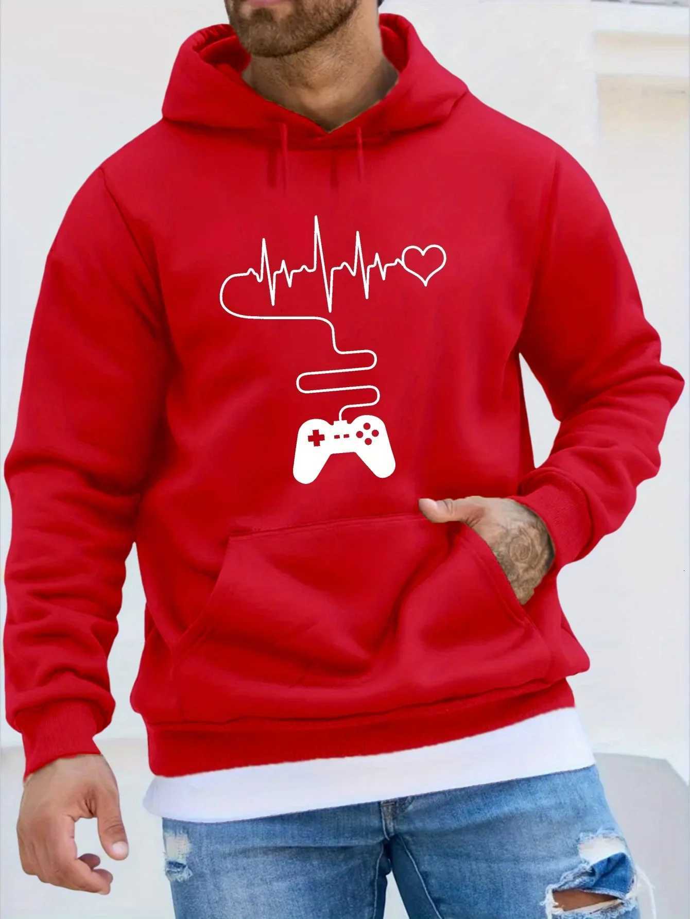 Mens autumn and winter casual fashion loose gamepad print long sleeved hooded sweatshirt warm sports pulloverT251023